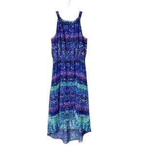 Chicos Midi Dress Womens Size 1 US 8 Purple Blue Print High Low Smocked Waist